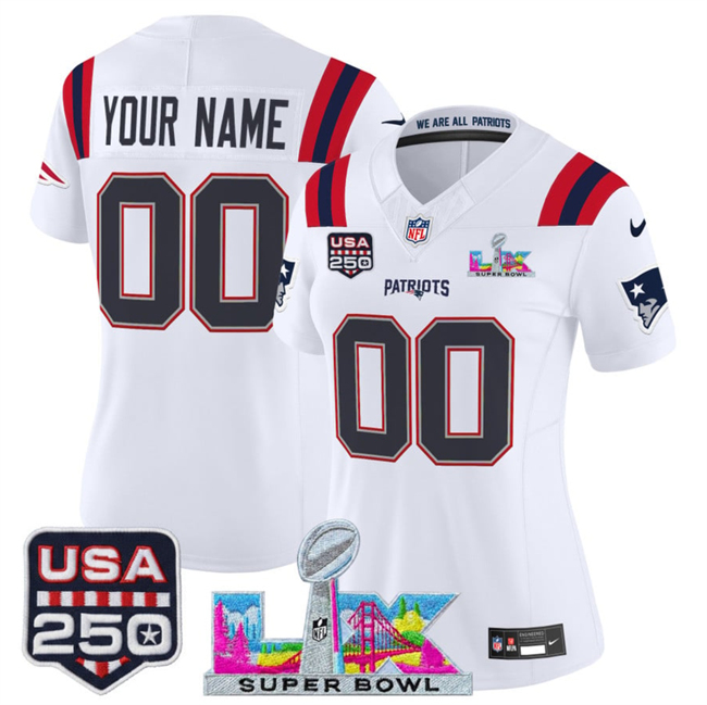 Women's New England Patriots Active Player Custom White 2025 F.U.S.E. Super Bowl LX Patch And USA 250' Patch Vapor Limited Football Stitched Jersey(Run Small)